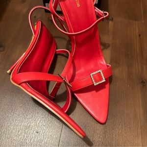 PrettyLittle Thing Red Pu Point Toe Diamante Buckle High Heeled Sandals